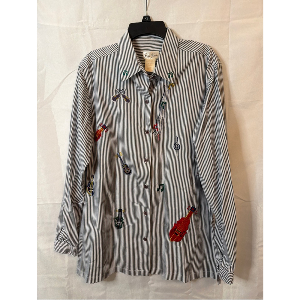 Bobbie Brooks Musical Instrument Embroidered Pinstripe Blouse Medium Momcore